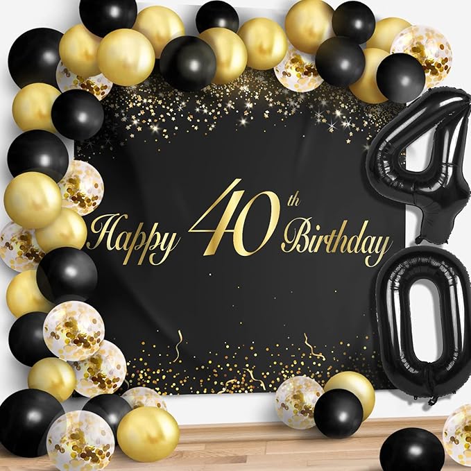 Happy 40th Birthday Balloons Black Set Decor - Cheers to 40 Years Old Party Theme Garland Banner Backdrop Decorations For Women and Men Supplies