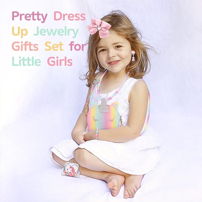 JYPS 7PCS Toddler Purse for Girl, Girls Wallet with Pretend Play Toys, Princess Toys with Kids Dress Up Jewelry Set (Rainbow Unicorn)