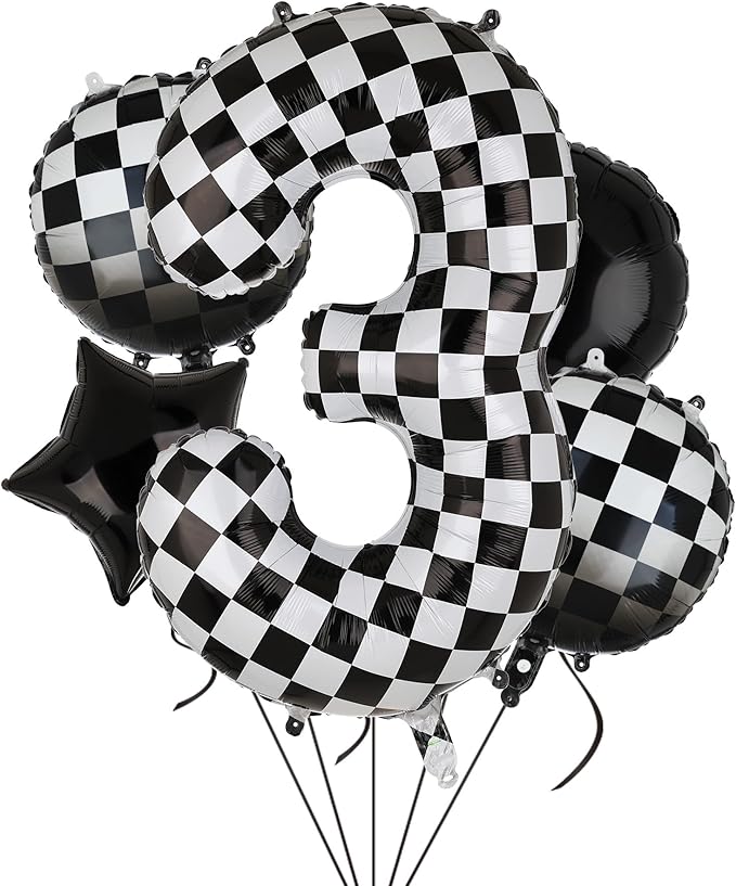 40 Inch Checkered Number Balloon 3 Black and White Race Car Birthday Balloons Baby Hippie Smile Party Shower Boys 3rd Birthday Race Car Theme Party Decor Supplies 5 Pcs