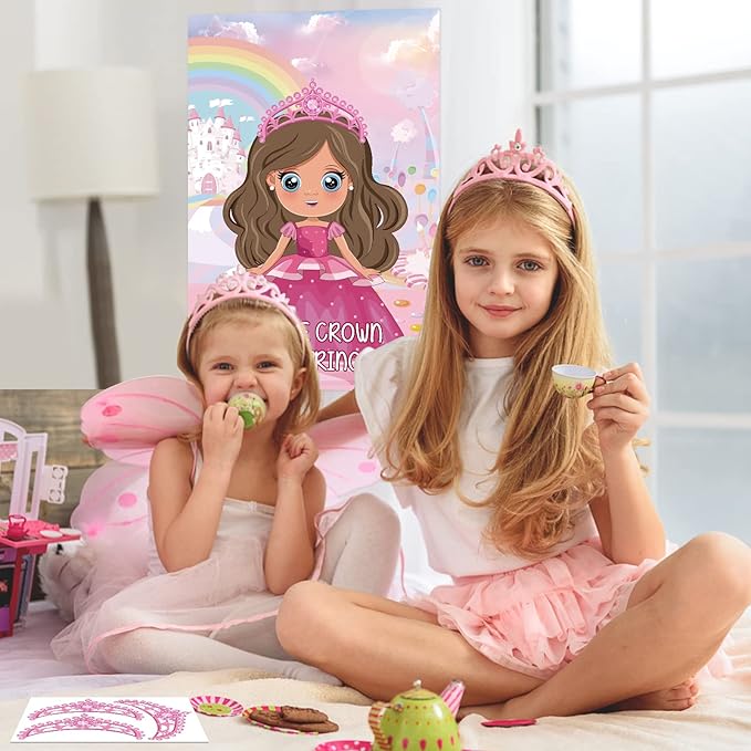 Hxezoc Pin The Crown on The Princess Party Games with 24 Pcs Crowns, Large Princess Party Games Poster for Girls Kids Birthday Party Carnival Supplies