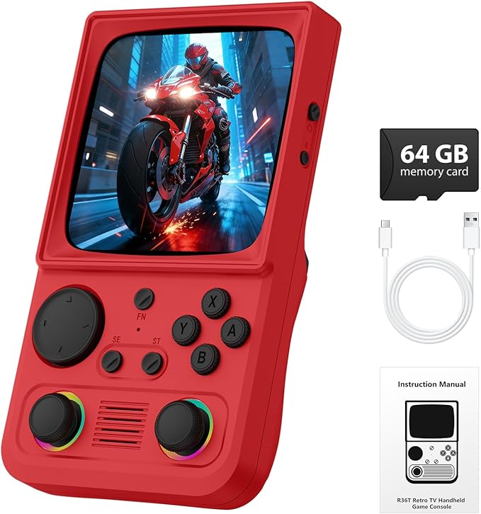 R36TMAX Retro Handheld Game Console, 4.0'' 720x720 IPS Screen, 64GB Supports 18000+ Classic Games, EmuELEC System Supports WiFi Networked Fighting and OTG, 4000mAh, with Portable Case(Red 64GB)