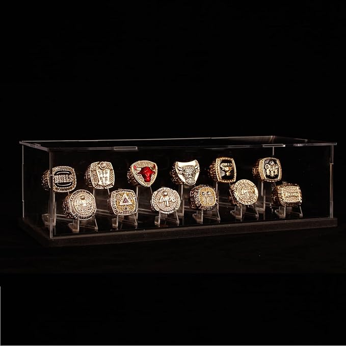 Championship Ring Display Case, 12 Ring Posts Baseball Ring Display Case,Ring Rack Display Gifts for Casino Poker Chip Collectibles Include 12 pcs Holder