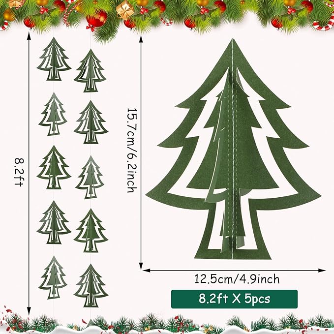 MARFOREVER 41 Ft Christmas Tree Paper Streamers Green Christmas Decorations 3D Xmas Pine Tree Hanging Swirls Banner for Xmas New Year Winter Holiday Home Wall Indoor Party Decor