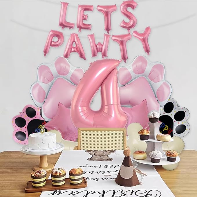 4th Dog Balloons 18pcs Lets Pawty Balloons Dog Paw Birthday Decor Pink 32 inch Pink Number Balloons 4 Mylar Foil Balloons for Lets Pawty Birthday Decorations Dog 4th Birthday Party Supplies