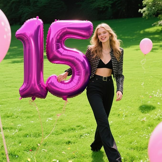 40 Inch Large 15 Balloon Numbers Rose Purple Big Foil Number Balloons Giant Helium Happy Birthday Party Decorations for Man and Women, Huge Mylar Anniversary Party Supplies