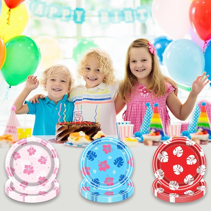 60 Hawaiian Party Paper Plates, Tropical Cartoon Floral Party Supplies, Hibiscus Tableware, 7-inch Hawaiian-style Dessert Plates, Suitable for Summer Beach Pool Birthday Party Decorations
