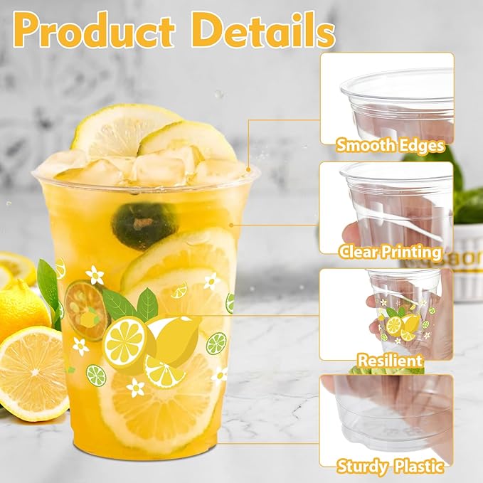 100 Pcs Lemon Plastic Cups,12 oz Yellow Lemon Disposable Clear Plastic Cups Lemons Theme Party Drinking Cup Hawaiian Luau Party Cup for Birthday Wedding Bridal Baby Shower Supplies