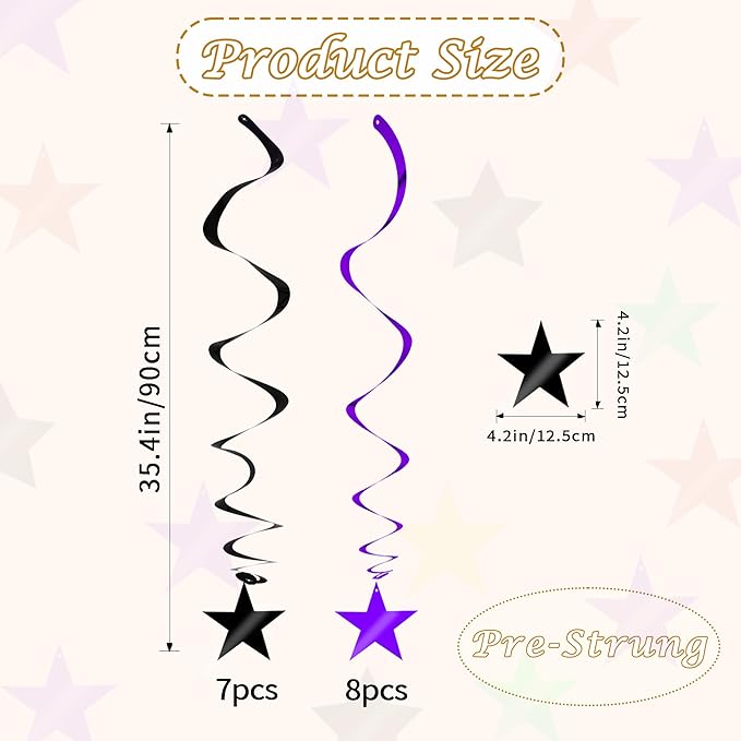 BEISHIDA Black Purple Star Halloween Hanging Swirl Decorations, Halloween Party Supplies for Horror Party Wedding Baby Shower Birthday Decorations,Pack of 15