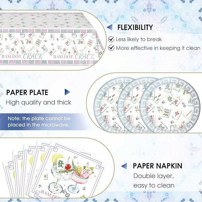 Mahjong Party Decorations 41PCS Mahjong-Themed Paper Tableware Includes Mahjong Plates and Napkins,Tablecloth Dinnerware Set for Home Kitchen Table Decor Special Events Game Night Party Supplies