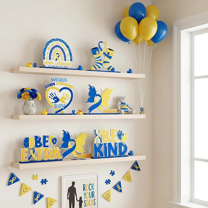 6Pcs Down Syndrome Awareness Wooden Tiered Tray Decoration Centerpieces, Yellow Blue Ribbon Wood Sign Table Topper Decor The Lucky Few Holiday Party Supplies for School Home Office Desk Shelf