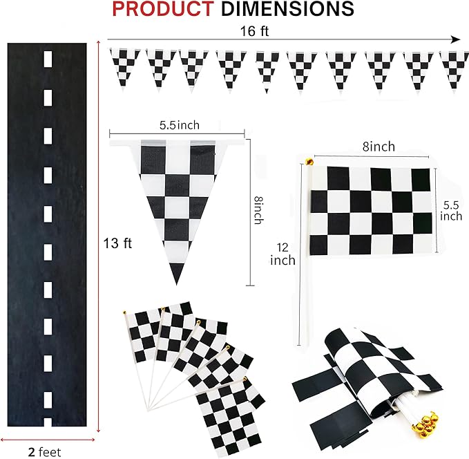 Two Fast Birthday Decro,13ft (2ft Wide)Race Floor Runner(1pc),Racing Checkered Flags (12pcs),16ft Black and White Checkered Banner(1pc),Racing Themed Party Centerpiece Supplies.Two Fast Decorations.Lightning Mcqueen Birthday Decorations