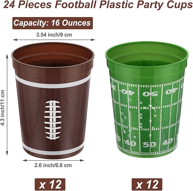 Kochorie 24 Pcs Reusable Football Plastic Cups 16 oz Thick Cocktail Drink Cup Bulk Football Stadium Cups for Tailgate Football Theme Party Favor Birthday Event Game Day Supplies Super Bowl Decoration