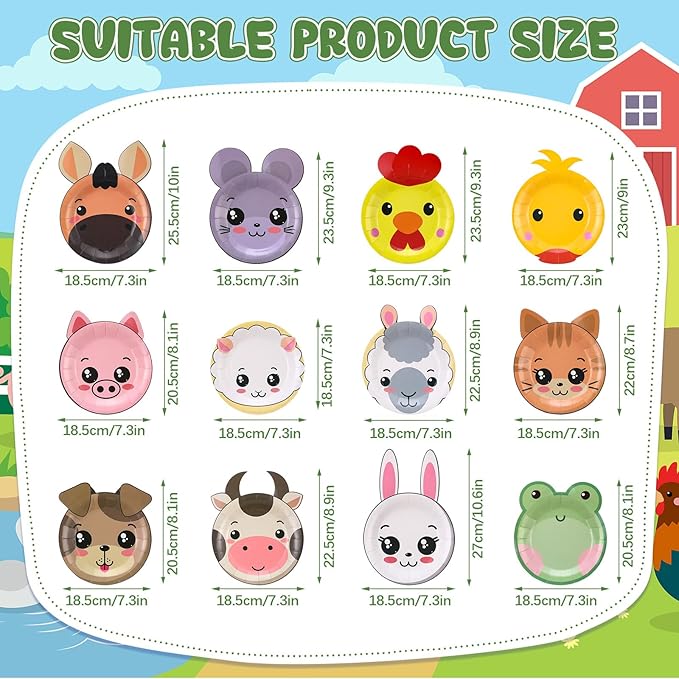 Zhehao 120pcs 7 Inch Farm Party Paper Plates Disposable Farm Animal Shape Plates Theme Supplies Tableware Livestock Animals Cartoon Animal Decorations for Birthday Party