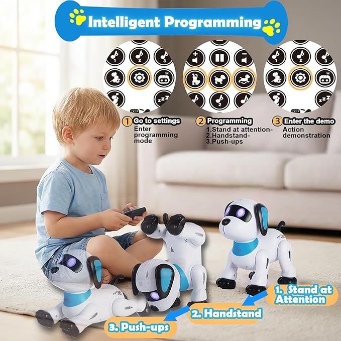 yiman Remote Control Robot Dog Toy – Programmable Smart Robot Dog for Kids 3+, Interactive Dancing & Sound, RC Stunt Toys with LED Eyes, Electronic Pet Toy for Boys & Girls Gifts (Blue)