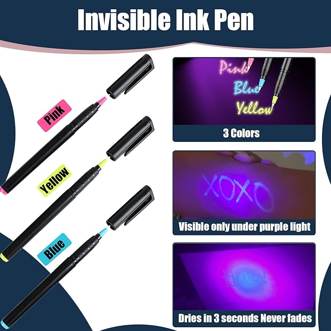 Invisible Ink Pens with UV Light, Magic Spy Pens with Mini UV LED Keychain Flashlights for Secret Messages, Disappearing Ink Pens with Black Light for Kids, Ideal for Parties and Gifts (6PCS)