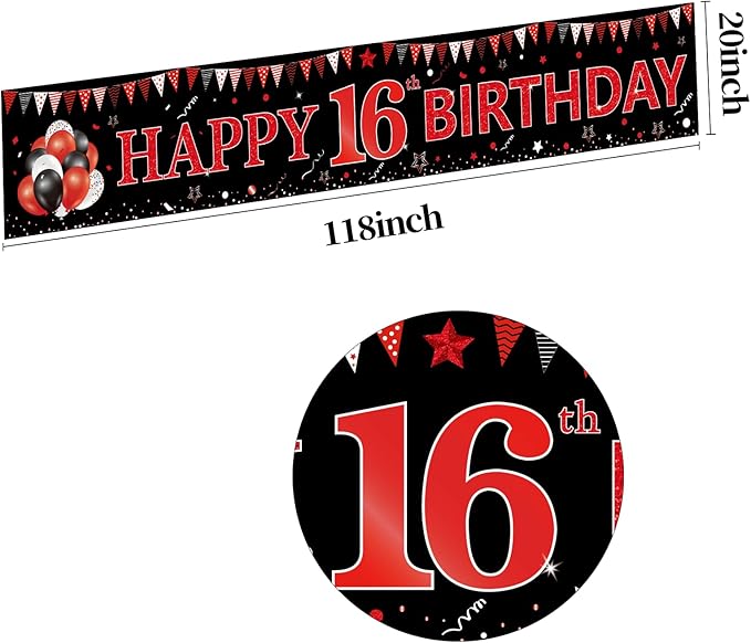 Red Black 16th Birthday Banner Decorations for Boys Girls, Black and Red Happy 16 Birthday Yard Banner Sign Party Supplies, Large Sixteen Year Old Birthday for Outdoor Indoor (9.8x1.6ft)