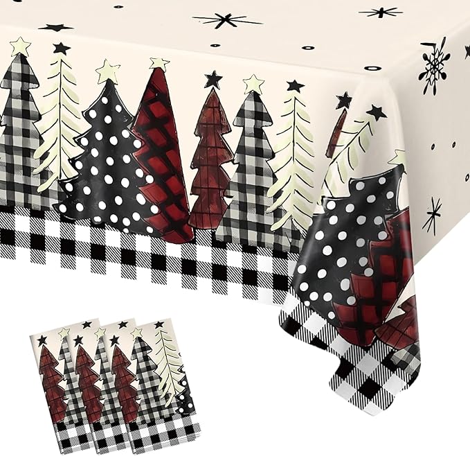 3PCS Christmas Tablecloth, Black Buffalo Plaid Plastic Tablecloths for Rectangular Tables, Winter Christmas Tree and Snowflake Disposable Table Cover for Party Picnic Dinner Decor, 51.2x 86.6inch