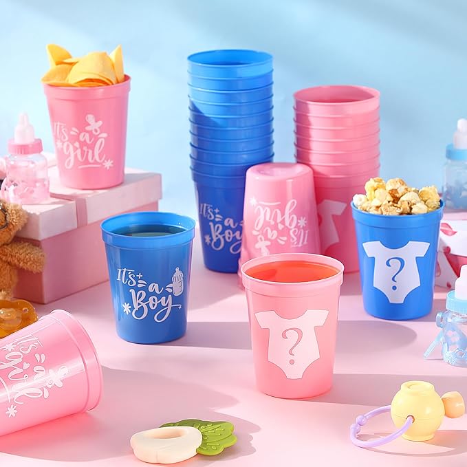 24 Pcs Gender Reveal Cups 16 oz Reusable Thick Boy or Girl Party Plastic Drinking Cup Pink and Blue Gender Reveal Party Decorations Baby Shower Supplies