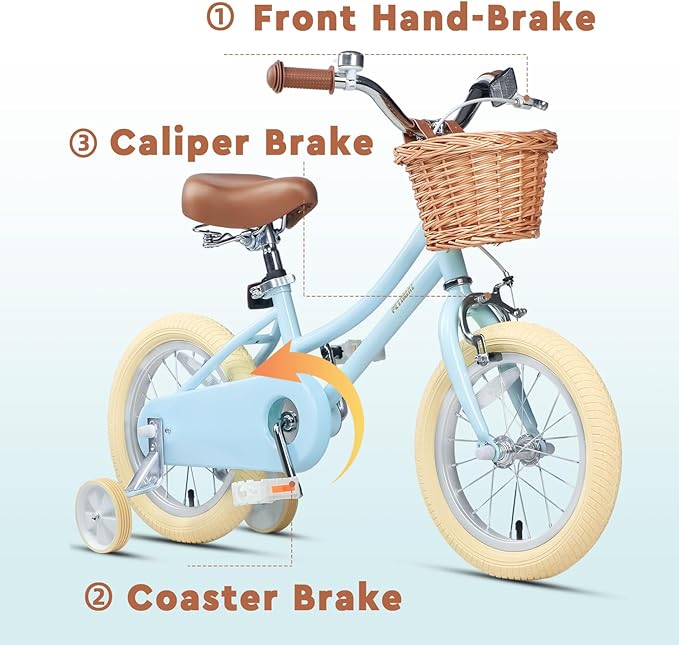 Petimini Vintage Kids Bike for Girls, 12–20 Inch Classic Bicycle with Wicker Basket & Bell, High Tensile Steel Frame, Training Wheels (12–18”), 85% Pre-Assembled, Retro Bike for Outdoor Riding