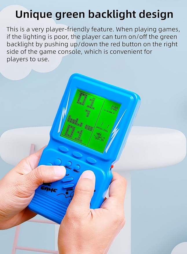 Green Backlight Block Game Console Built-in 23 Building Brick Retro Games Electronic Cube Puzzle Kid's Birthday Outdoor/Indoor/Travel Leisure Entertainment (Blue)