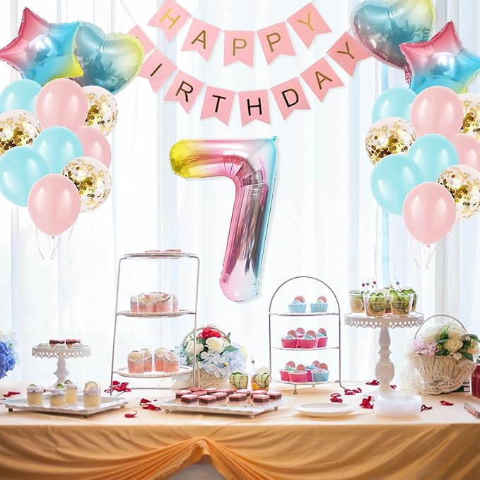 7th Birthday Decorations for Girls Gradient color Age 7 Birthday Balloons with Happy Birthday Banner for Baby showers Seventh Birthday Party Supplies for Girls Boys (7th-Birthday)