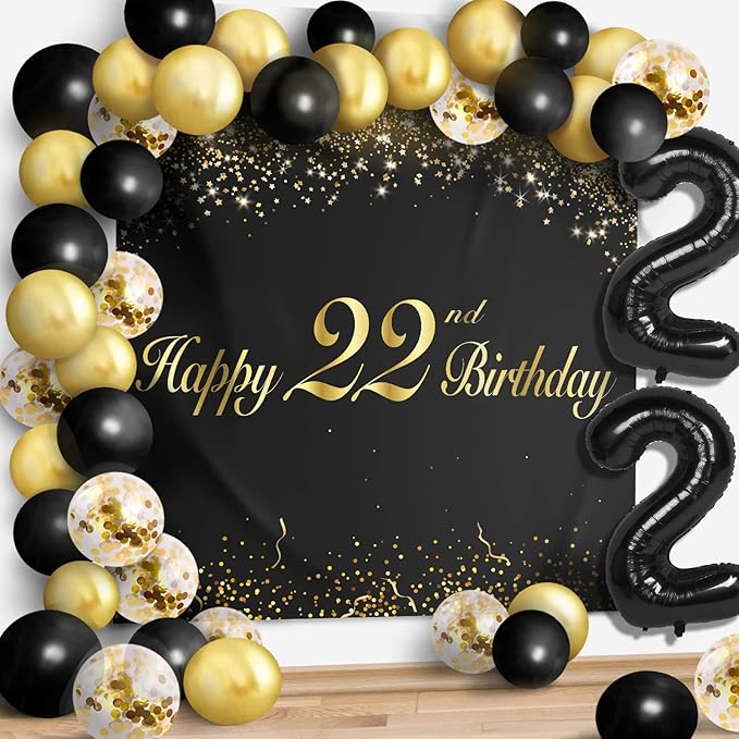 Happy 22nd Birthday Balloons Black Set Decor - Cheers to 22 Years Old Party Theme Garland Banner Backdrop Decorations For Women and Men Supplies