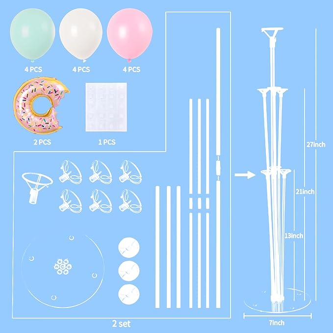 Donut Balloon Table Centerpiece Stand Kit 2 Sets for Table with 2 Doughnut Foil Balloons 14 Latex Pastel Balloons for Donut Party Decorations Pastel Birthday Party Baby Shower Decorations