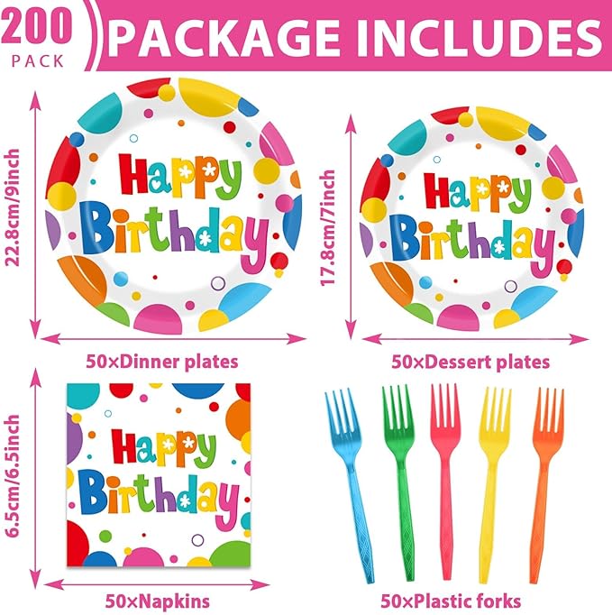 200Pcs Birthday Party Decorations Rainbow Birthday Plates Tableware Set Colorful Birthday Disposable Paper Plates Fork And Napkins Birthday Party Supplies Includes For Girls/Boys, Serves 50
