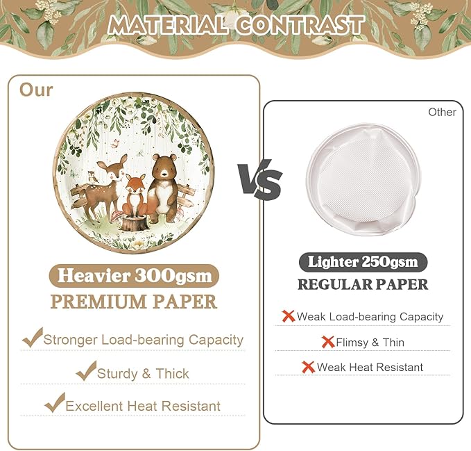 Woodland Baby Shower Party Supplies - 144 Pcs Serve 24 Guests, Safari Jungle Animal Party Decorations Include Plates and Napkins, Cups, Straws, Forks