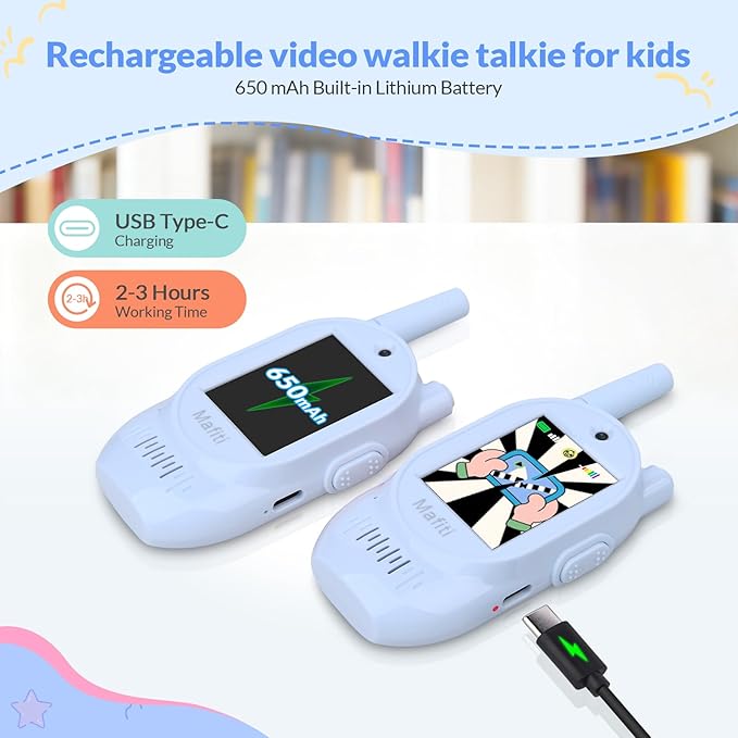 Mafiti Video Walkie Talkies for Kids 2 Pack Rechargeable 1000 Feets Range Toys for 3 4 5 6 7 8 Year Old Boys Girls Birthday Gifts(Blue+Blue)