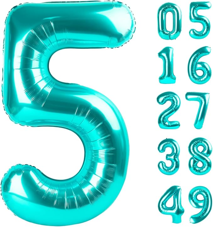 Teal Blue 40 Inch Large Number 5 Birthday Balloon, 2025 Five 5th 15 25 35 50 55 Birthday Celebration Decorations, Teal Blue Foil 5 Mylar Helium Balloons Girl Boy Anniversary Party Supplies
