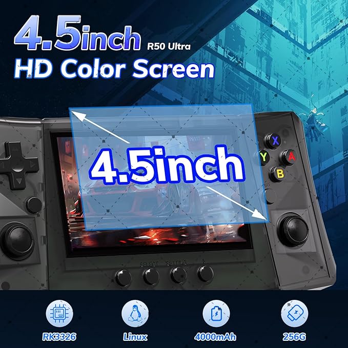 RegiisJoy R50 Ultra 50000 in 1 Handheld Game Console, 4.5 Inch IPS Screen Retro Gaming Consoles Main Emulators, Portable Mini Pocket Arcade 4000mAh Battery,256G TF Card,Linux System
