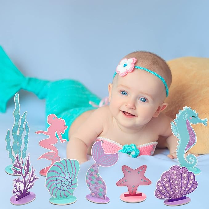 Mermaid Party Decorations Glitter Mermaid Table Centerpiece for Birthday Party Under the Sea Table Centerpiece Ocean Theme Table Ornaments for Girl Baby Shower Birthday Party Supplies DIY Decor