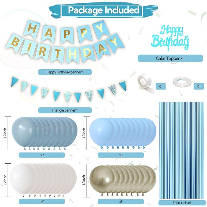 Blue Birthday Decorations, Dusty Blue Happy Birthday Party Decorations With Metallic Sand Gold Dusty Macaron Blue White Balloons Fringe Curtain Banner Cake Topper For Man Woman Party Supplies