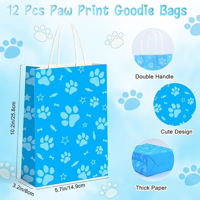 122 Pcs Paw Print Party Favors, Blue Puppy Theme Birthday Decorations for Girl with Orange Blue Dog Paw Goodie Bags Stuffers Stickers Mochi Squishy Toys Pen Mini Notebook, Easter Gifts for Kids