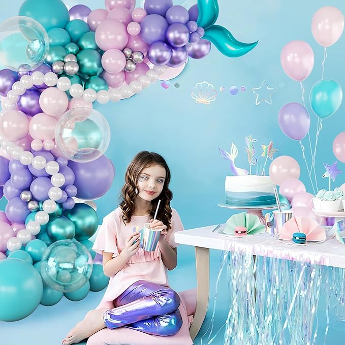 Mermaid Balloon Garland Arch Kit,145pcs Purple Pink Blue balloons with Little Mermaid Tails Birthday Party Decorations Balloons for Gender Reveal Under the Sea Ocean Baby Shower Themed Party Supplies