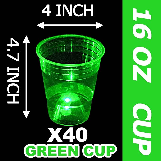 mishunyus Green Glow Cups, 16 oz Cups-Ounce Plastic Party Cups, Strong and Sturdy Disposable Cups for Party，St Patrick day Plastic Cups Decoration(40 Pack)