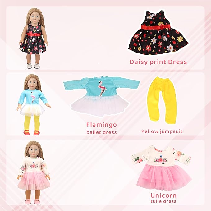MSYO 10 Sets Doll Clothes for 17 - 18 Inch Dolls, Diverse Outfits (Floral, Polka Dot, Unicorn) & Accessories, Fashion Dress - Up Set for Girl Doll Play & Gifting