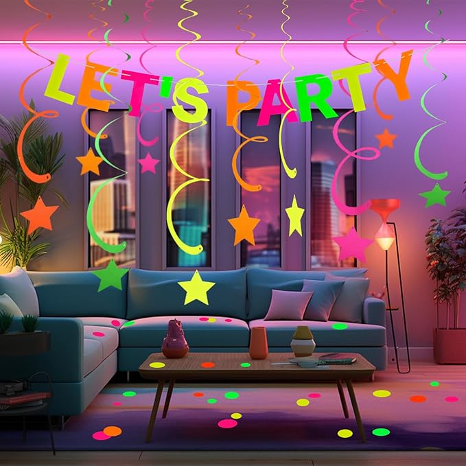 Neon Party Supplies Includes Let's Party Banner, Round Dot Paper Garland, Neon Swirl Streamers,Glow in The Dark Party Supplies Decorations UV Blacklight Reactive Favor for Halloween Wedding Birthday