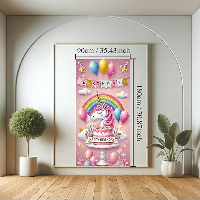 Unicorn Birthday Door Cover 71 x 35 inch Party Decoration Rainbow Cake Backdrop Door Banner for Girls Kids Birthday Celebration Photography Background Party Supplies