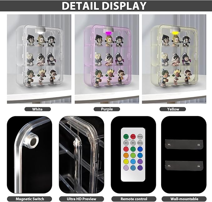 Clear Acrylic Display Case, Figures Display Box Wall Mounted with Lights for Pop Mart Funko Collectibles LEGO Minifigures Mini Action Figurines Mini Toys Pop,3 Tiers Detachable Desktop Dustproof