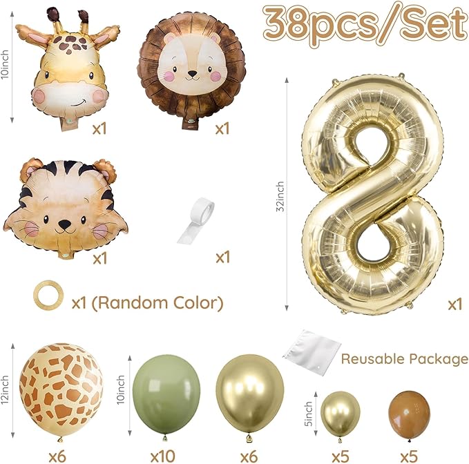 Jungle Safari Birthday balloons, Animal Balloons Décor Happy Birthday Party Decoration for Wedding Birthday Party (Number 8)