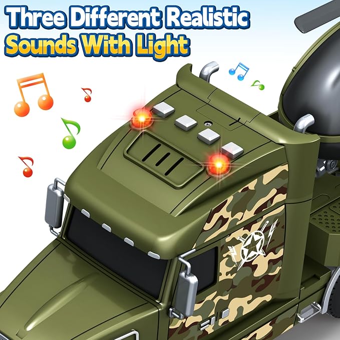 Toddler Boy Toys for 3 4 5 6 7 Years Kids, 27" Semi Army Truck Toy with Helicopters and Tank, Friction Powered Military Toys with Lights and Sounds, Birthday for Boy Girls