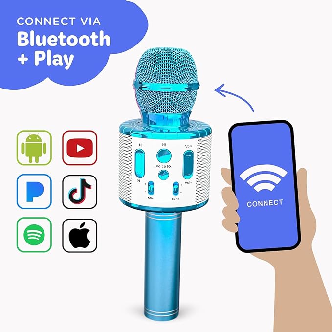 Wireless Bluetooth Karaoke Microphone for Kids, 5-in-1 Portable Handheld Karaoke Mic Speaker Player Recorder with Adjustable Remix for Kids Girls Boys Teens Birthday (Blue)
