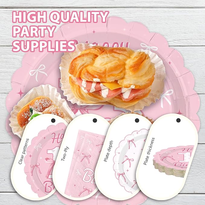 96Pcs Pink Bow Party Supplies Coquette 13th Birthday Party Plates and Napkins Disposable Bow Themed Tableware Set for Girl Happy 13th Birthday Baby Shower Decorations, Serves 24