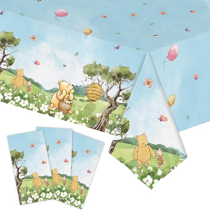 3pcs Party Tablecloth Bear Baby Shower Tablecloths Classic Bear Disposable Thickened Plastic Table Cover for Kids 1st 2rd Baby Party Supplies 54x108Inches (Blue)