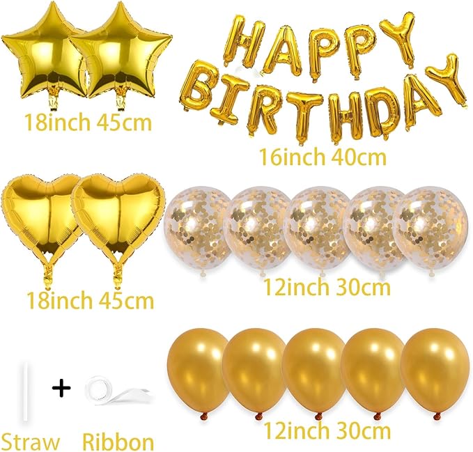 27 Pcs Gold Birthday Decorations, 3D Foil Gold Happy Birthday Balloon Banner, Pentagram Heart Foil Balloons Confetti Balloons Kit For Boys Girls Birthday Party Supplies