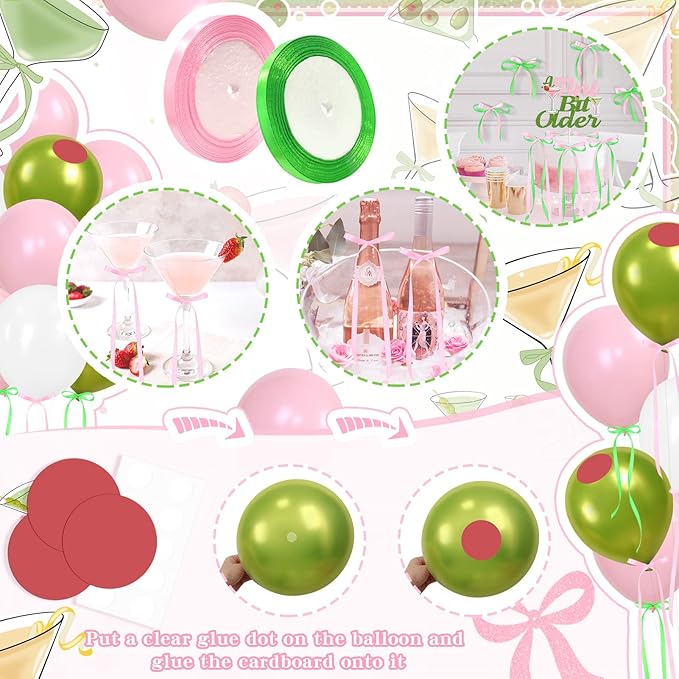 Martini Bow Birthday Party Decorations, Green Pink Glitter A Tini Bit Older Banner Garland Cake Topper Balloons for Girls Women Trendy Martini Bar Birthday Bachelorette Bridal Shower Party Supplies