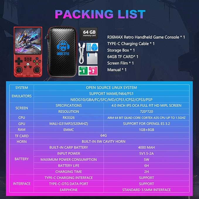 R36MAX Retro Handheld Game Console, 4.0 Inch 720x720 IPS Screen, 64GB Built-in 18,000+ Classic Game, Portable Hand Held Open Source Linux System, 4000mAh Battery Retro Gaming Console(Red 64GB)