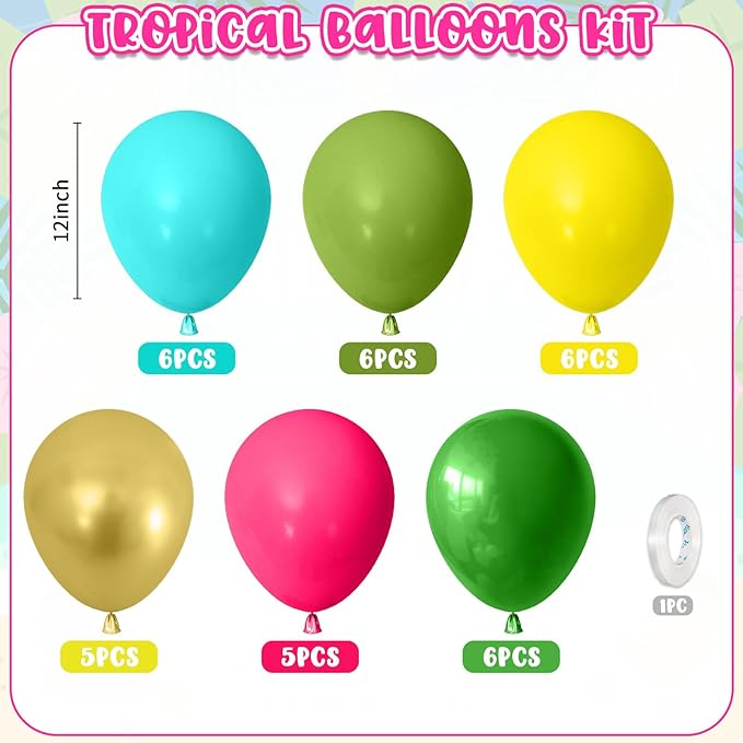 Tropical Balloons Kit,12 Inch Hawaiian Balloons Hot Pink Orange Teal Green Metallic Gold Latex Colorful Balloon for Baby Shower Summer Birthday Party Decorations